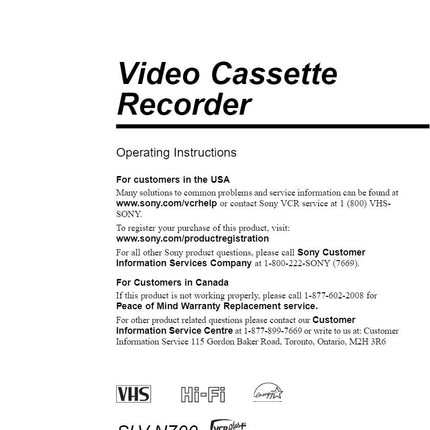 Sony SLV-N700 VCR Owners Manual