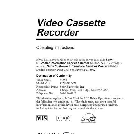 Sony SLV-N71 VCR Owners Manual