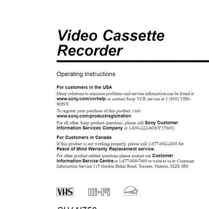 Sony SLV-N750 VCR Owners Manual