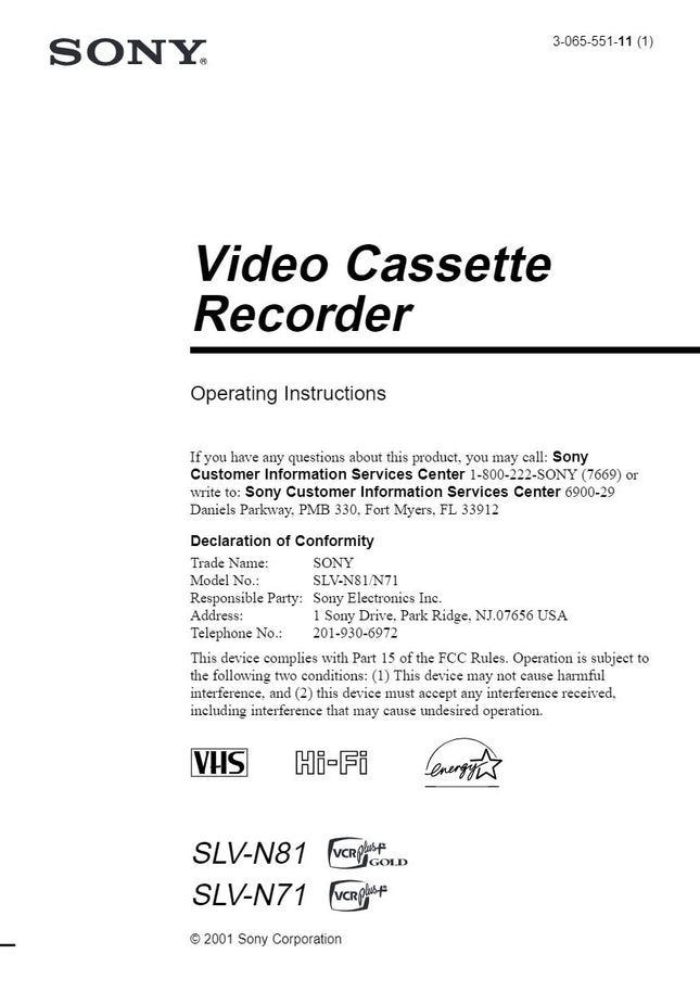 Sony SLV-N81 VCR Owners Manual