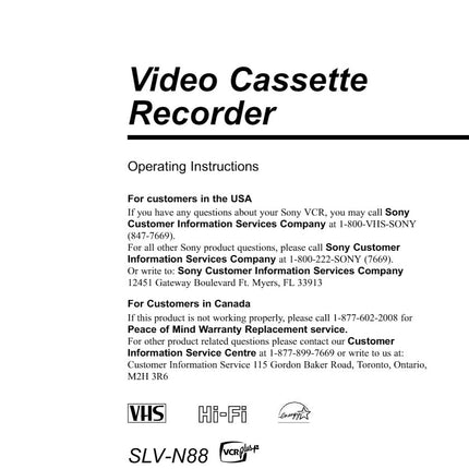 Sony SLV-N88 VCR Owners Manual