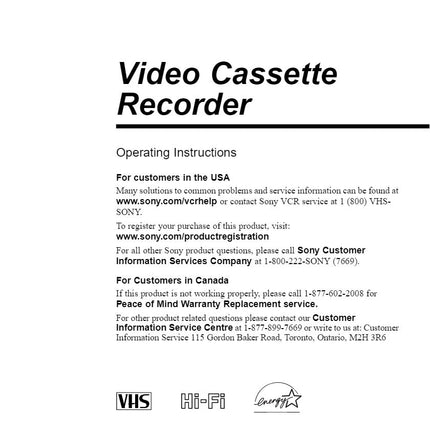 Sony SLV-N900 VCR Owners Manual