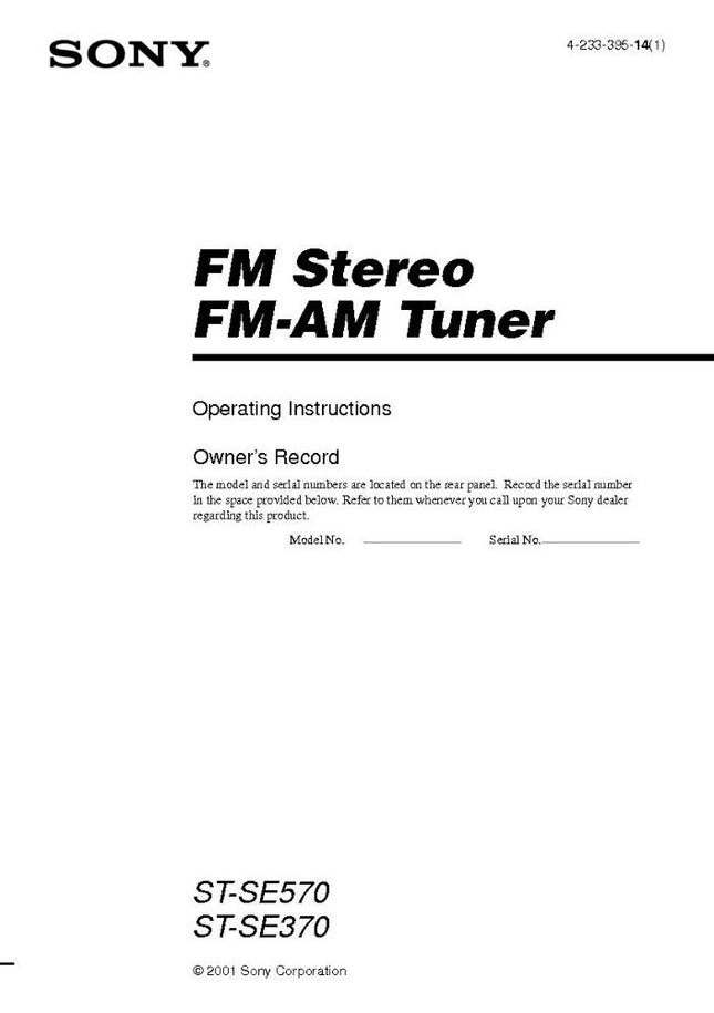 Sony ST-SE570 ST-SE370 AV Receiver Owners Manual