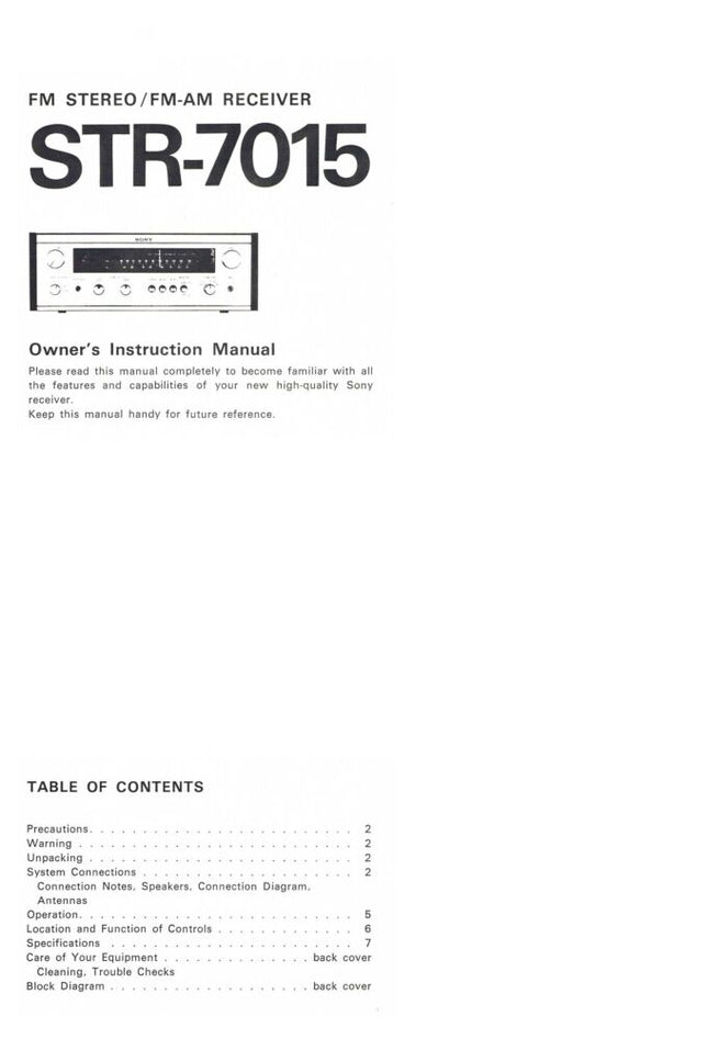 Sony STR-7015 Amplifier Receiver Owners Instruction Manual