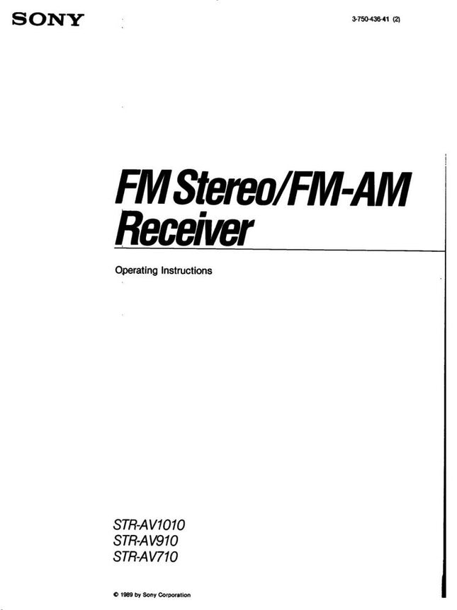 Sony STR-AV1010 STR-AV910 STR-AV710 AV Receiver Owners Manual