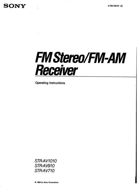 Sony STR-AV1010 STR-AV910 STR-AV710 AV Receiver Owners Manual