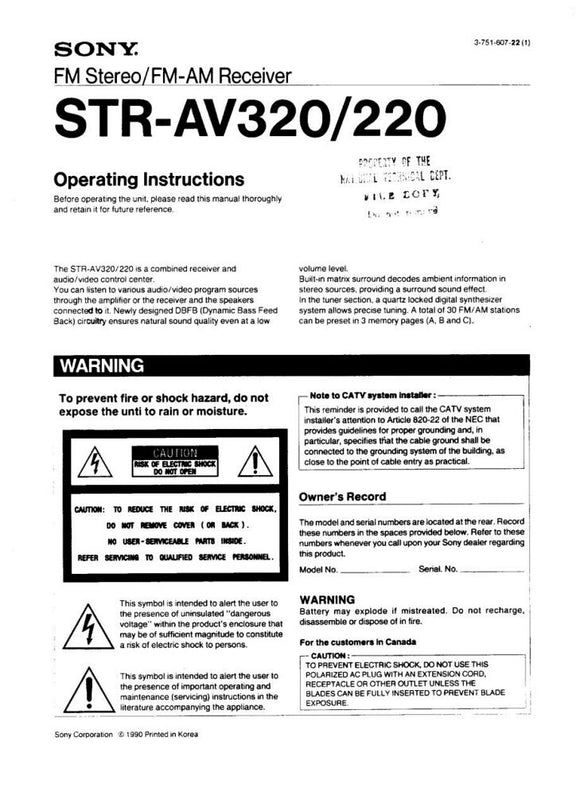 Sony STR-AV220 Amplifier Receiver Owners Instruction Manual