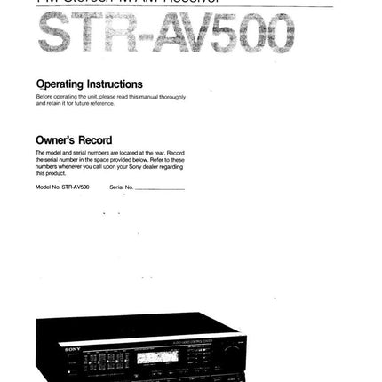 Sony STR-AV500 Receiver Owners Manual