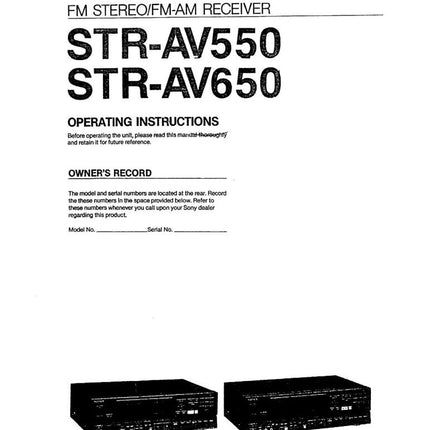 Sony STR-AV550 STR-AV650 Receiver Owners Manual