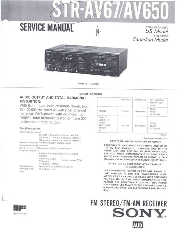 Sony STR-AV650 Amplifier Receiver Owners Instruction Manual