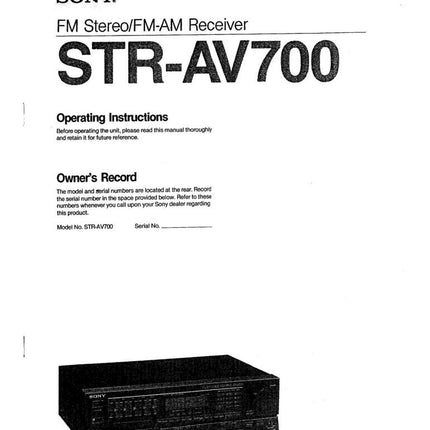 Sony STR-AV700 Receiver Owners Manual