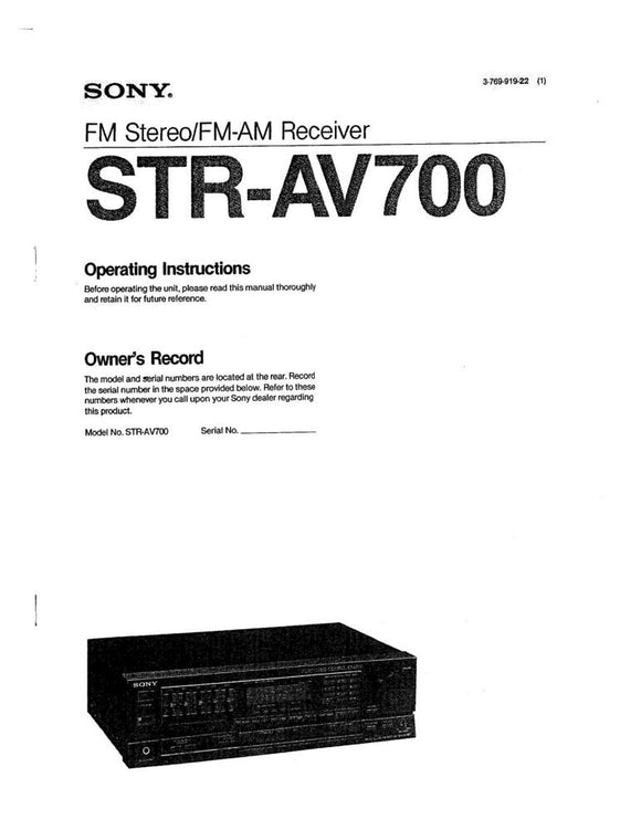 Sony STR-AV700 Receiver Owners Manual