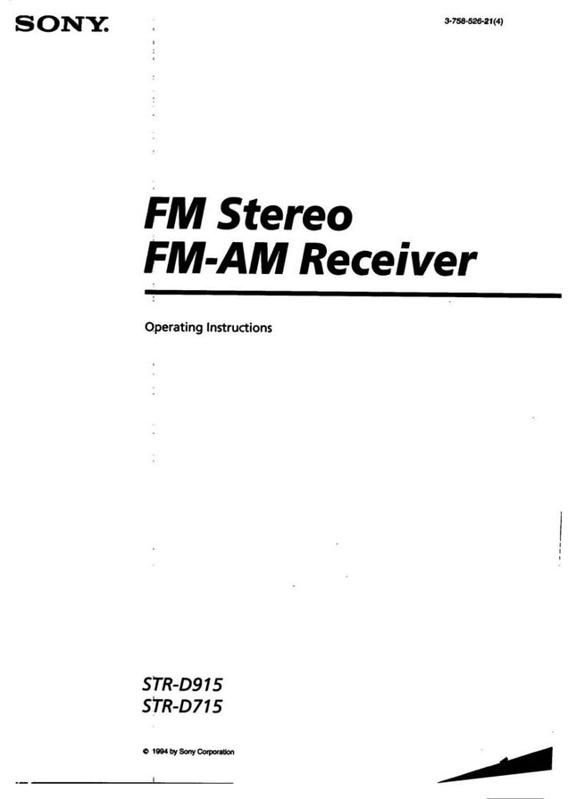 Sony STR-D915 Amplifier Receiver Owners Instruction Manual