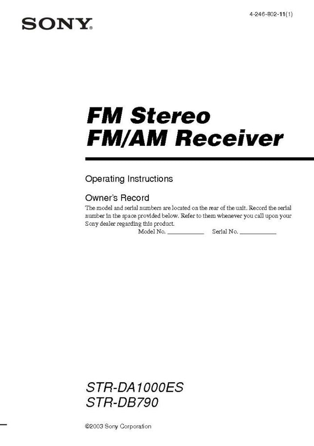 Sony STR-DA1000ES STR-DB790 AV Receiver Owners Manual