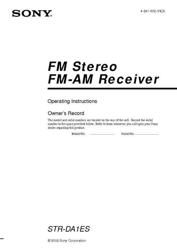 Sony STR-DA1ES AV Receiver Owners Manual