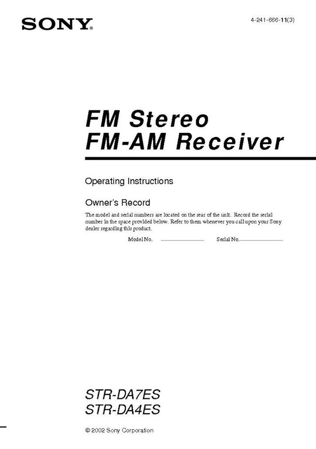 Sony STR-DA4300ES Amplifier Receiver Owners Instruction Manual