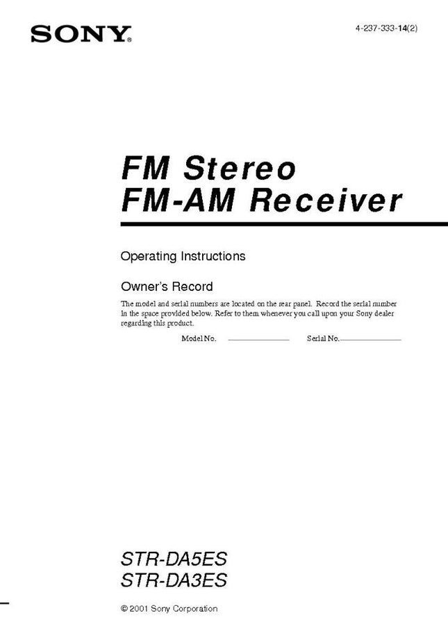 Sony STR-DA5ES AV Receiver Owners Manual