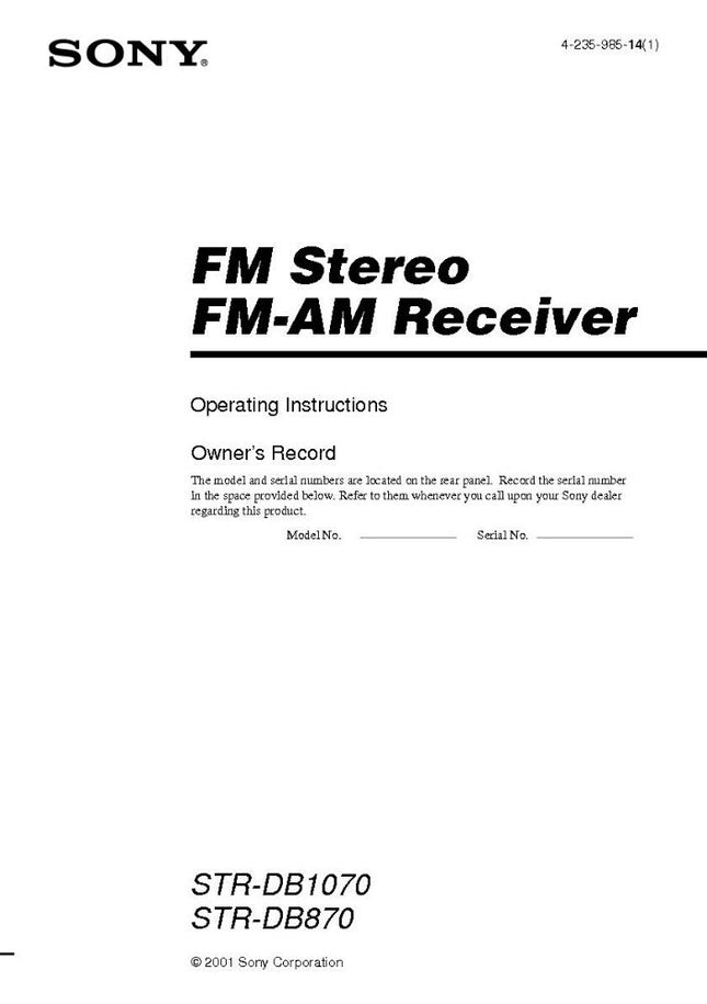 Sony STR-DB1070 STR-DB870 AV Receiver Owners Manual
