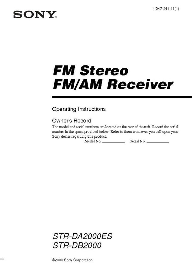 Sony STR-DB2000 Amplifier Receiver Owners Instruction Manual