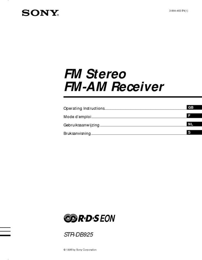 Sony STR-DB925 Amplifier Receiver Owners Instruction Manual
