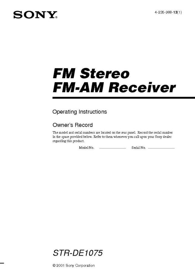 Sony STR-DE1075 Amplifier Receiver Owners Instruction Manual