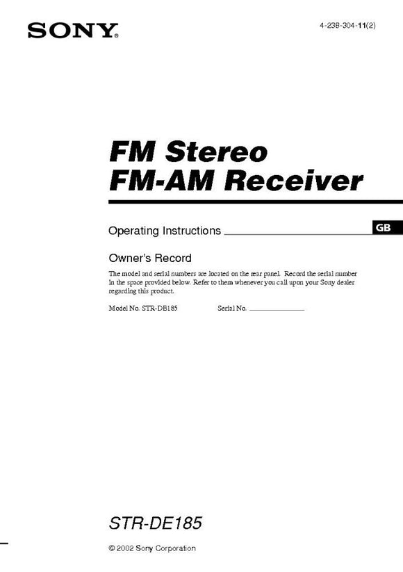 Sony STR-DE185 AV Receiver Owners Manual