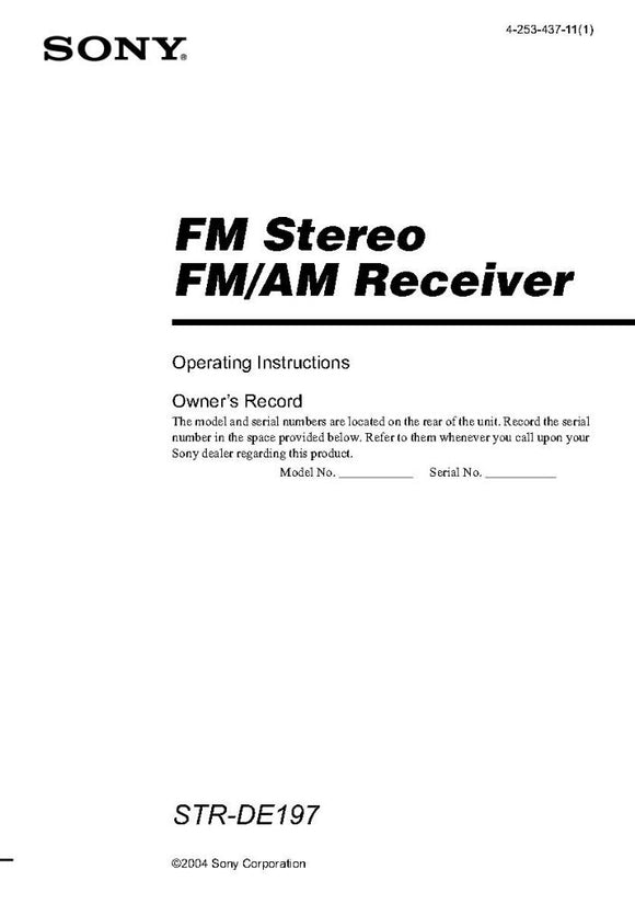 Sony STR-DE197 AV Receiver Owners Manual