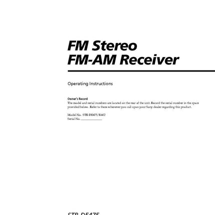 Sony STR-DE475 STR-K402 AV Receiver Owners Manual
