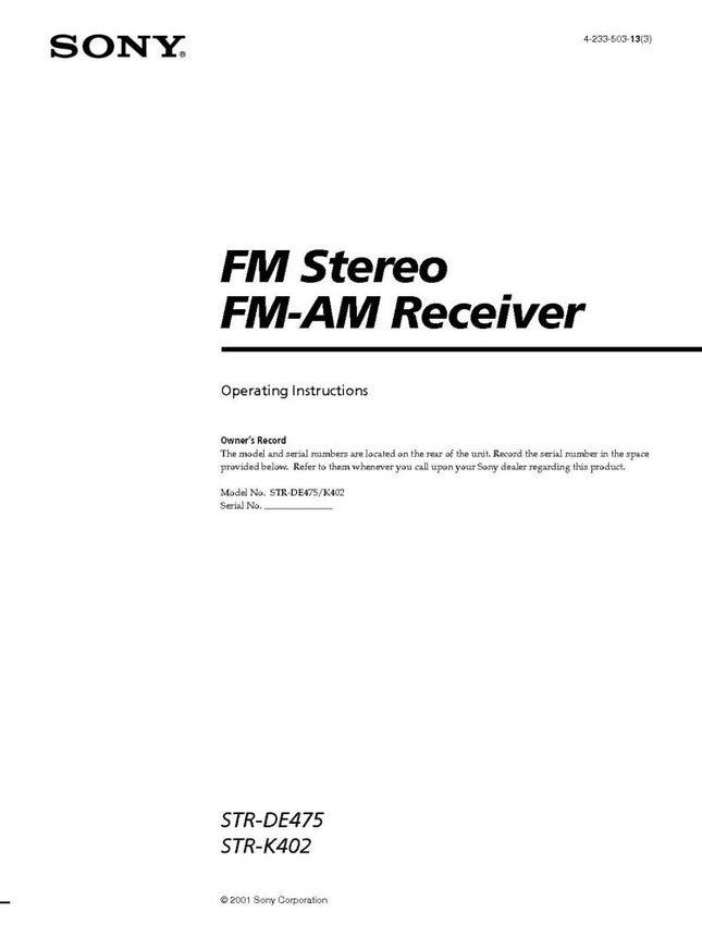 Sony STR-DE475 STR-K402 AV Receiver Owners Manual