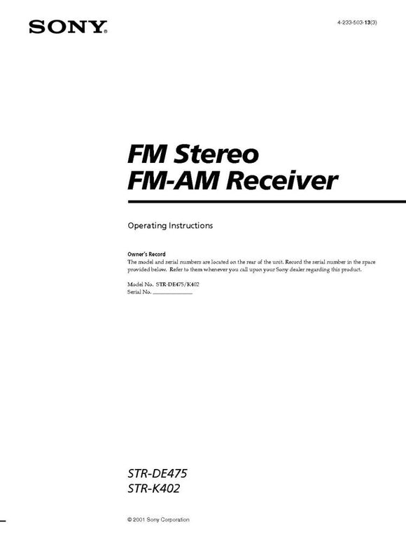 Sony STR-DE475 STR-K402 AV Receiver Owners Manual