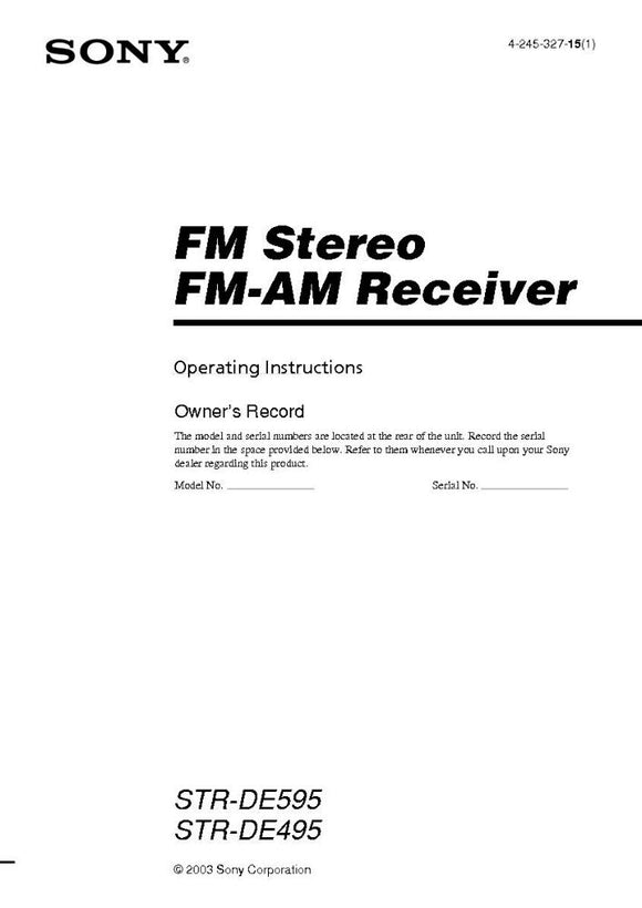 Sony STR-DE495 Amplifier Receiver Owners Instruction Manual