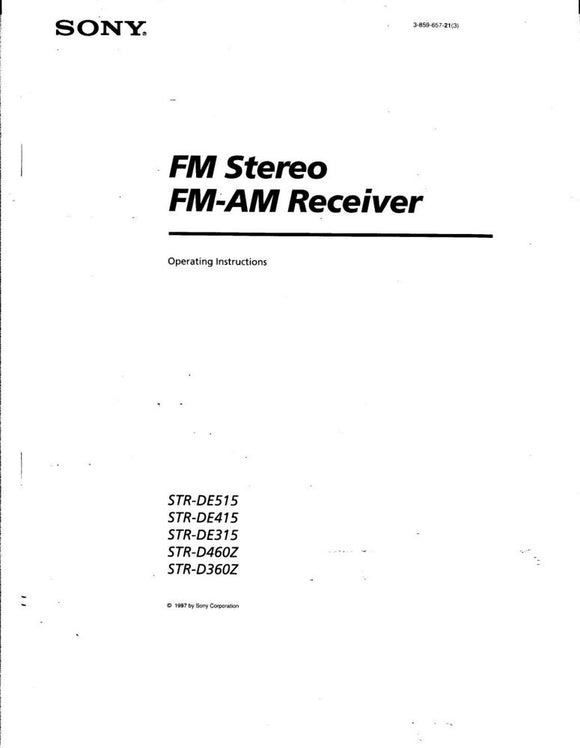 Sony STR-DE515 STR-DE415 STR-DE315 STR-D460Z STR-D360Z AV Receiver Owner Manual