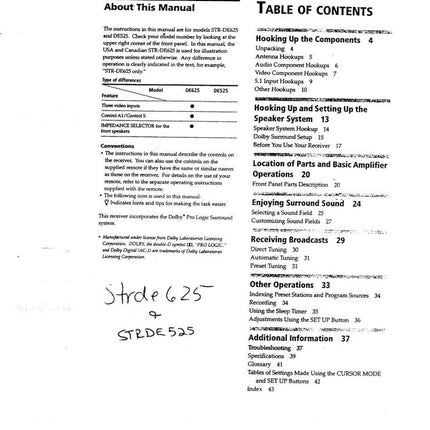 Sony STR-DE625 STR-DE525 AV Receiver Owners Manual
