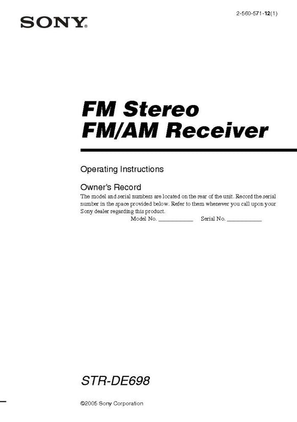 Sony STR-DE698 AV Receiver Owners Manual