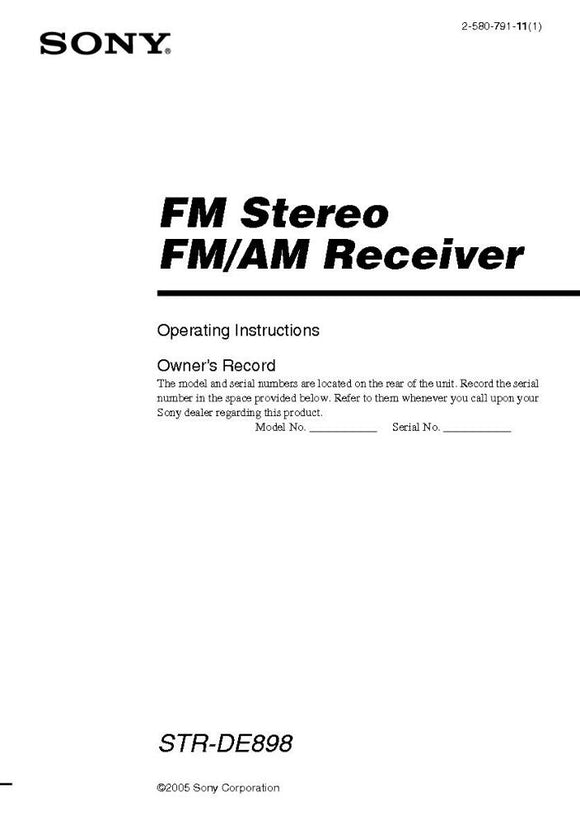 Sony STR-DE898 AV Receiver Owners Manual