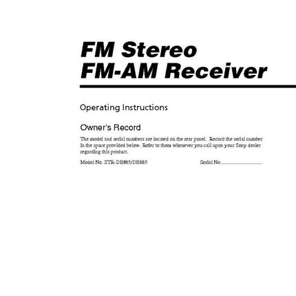 Sony STR-DE985 STR-DE885 AV Receiver Owners Manual