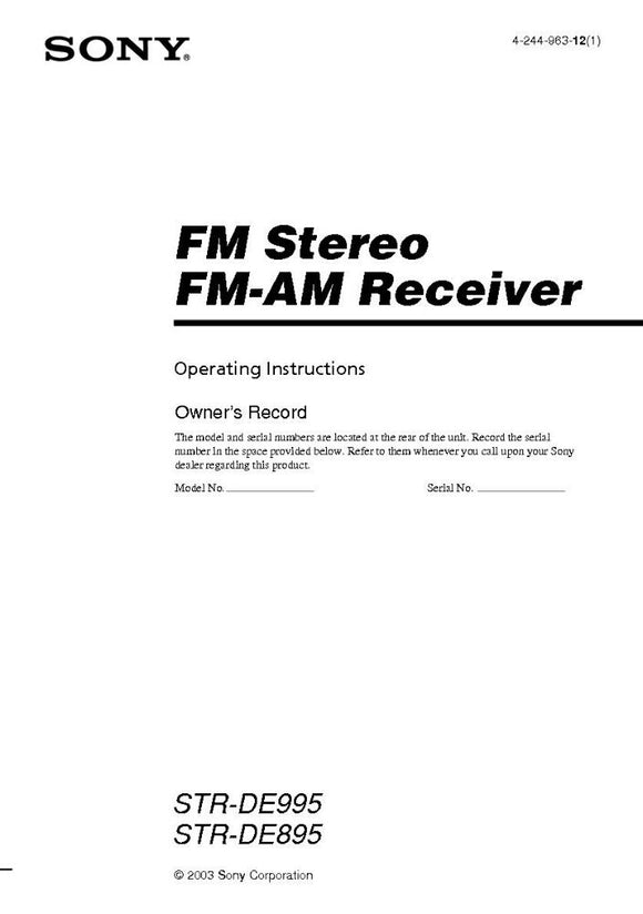 Sony STR-DE995 STR-DE895 AV Receiver Owners Manual