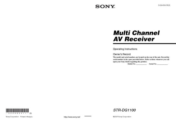 Sony STR-DG1100 AV Receiver Owners Manual