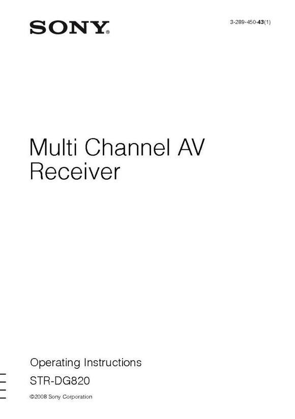 Sony STR-DG820 AV Receiver Owners Manual