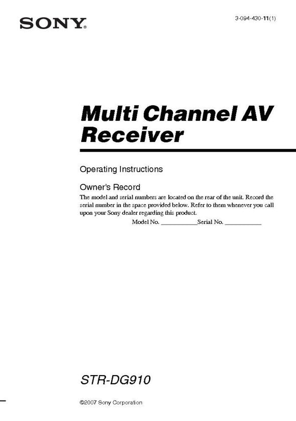 Sony STR-DG910 AV Receiver Owners Manual