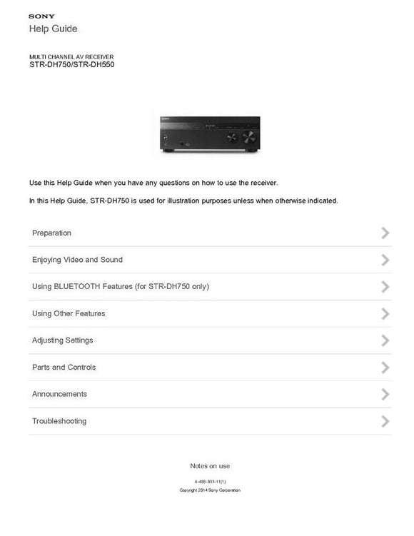 Sony STR-DH750 STR-DH550 Receiver Owners Manual