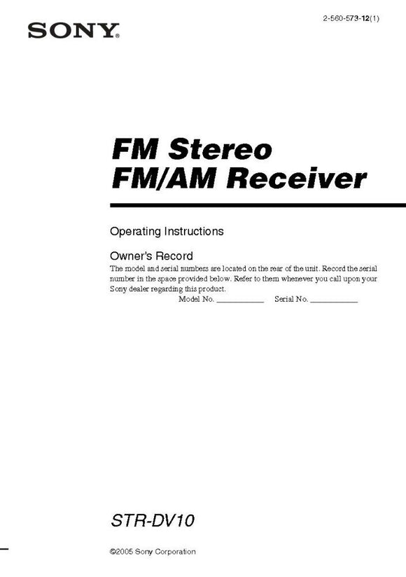 Sony STR-DV10 AV Receiver Owners Manual