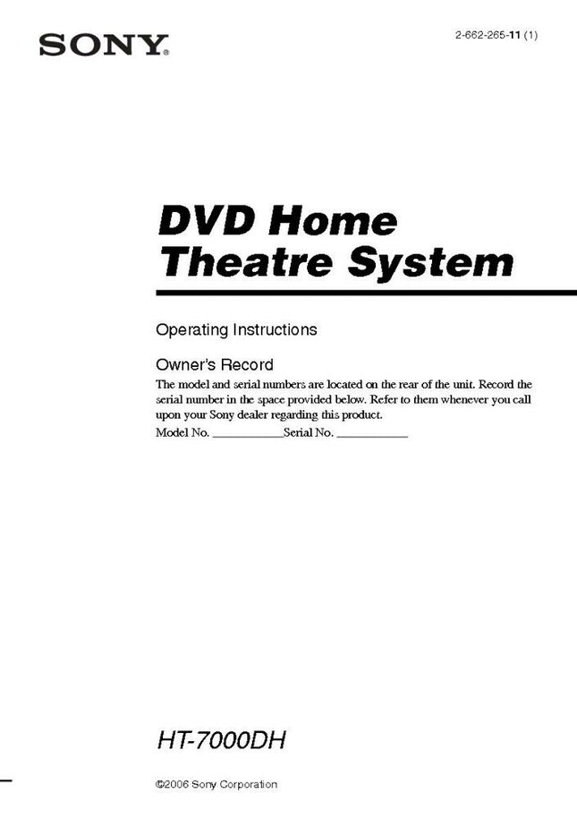 Sony STR-K7000 HT-7000DH AV Receiver Owners Manual