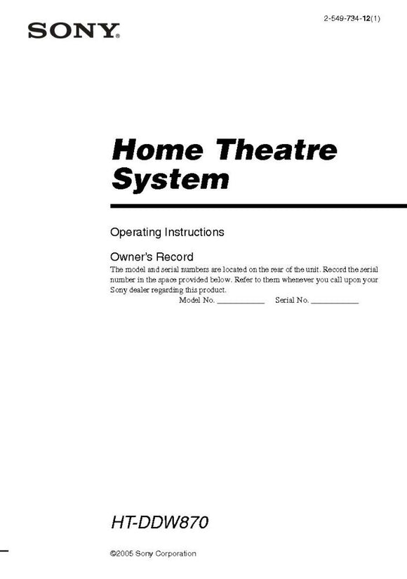 Sony STR-K870P HT-DDW870 AV Receiver Owners Manual