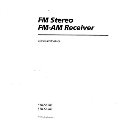 Sony STR-SE581 STR-SE381 AV Receiver Owners Manual