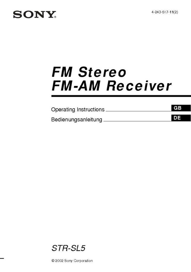 Sony STR-SL5 AV Receiver Owners Manual