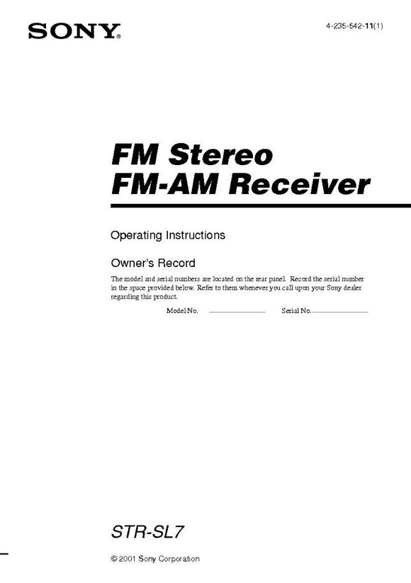 Sony STR-SL7 AV Receiver Owners Manual