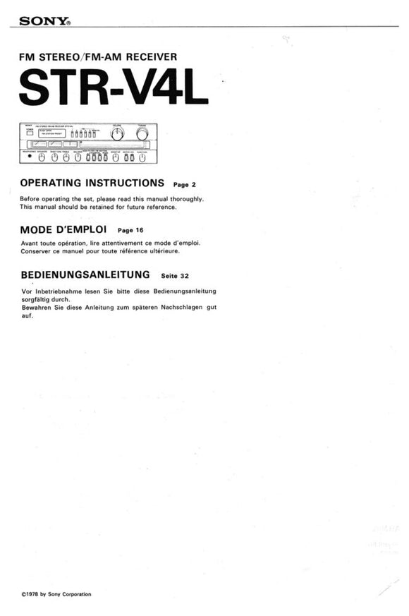 Sony STR-V4L Amplifier Receiver Owners Instruction Manual