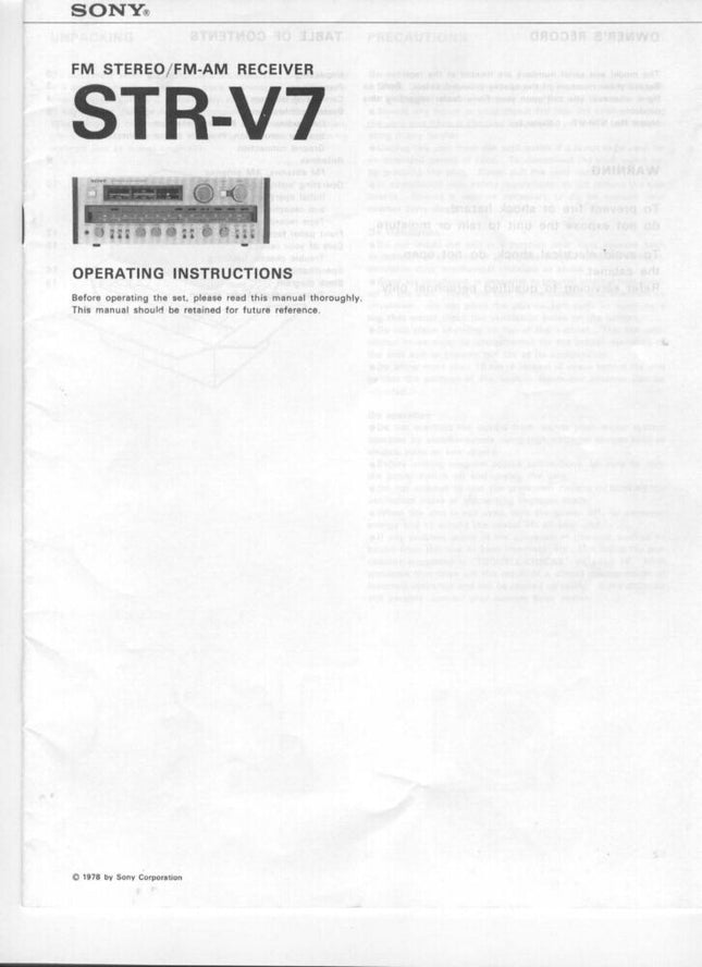 Sony STR-V7 Amplifier Receiver Owners Instruction Manual