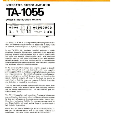 Sony TA-1055 Amplifier Receiver Owners Instruction Manual